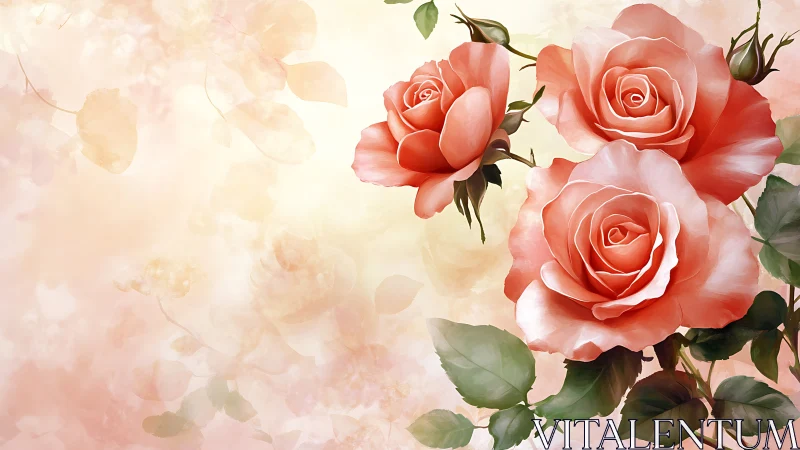 Coral and pink roses with buds on soft blurred background