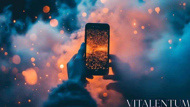 Phone captures glowing particles within dense neon fog