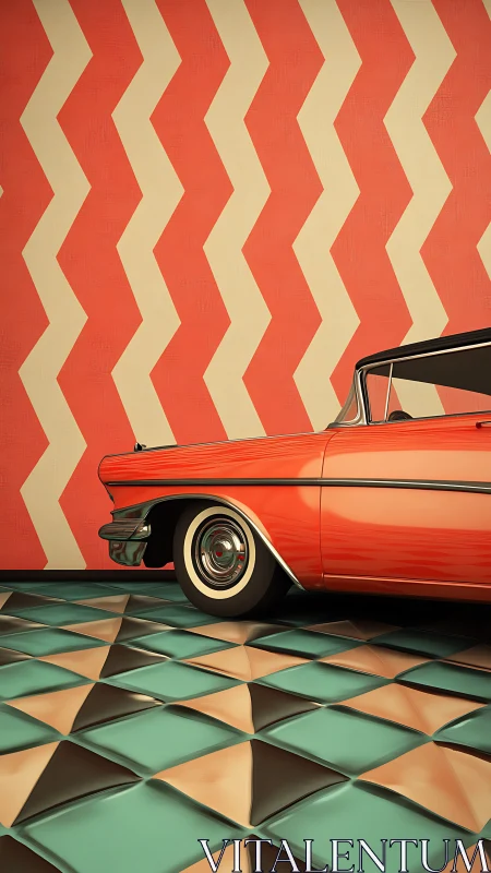 Retro orange car rests against bold zigzag interior backdrop.