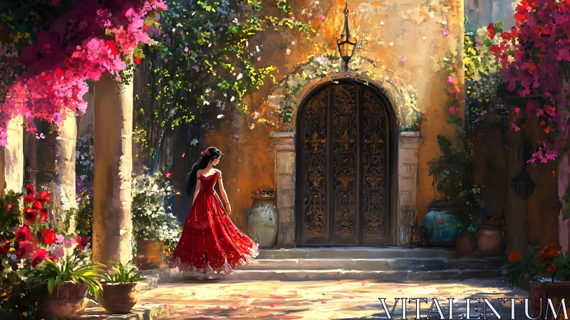 Crimson gown beneath bougainvillea in sunlit courtyard portal.