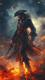 Fire-wreathed pirate warrior strides through blazing inferno.
