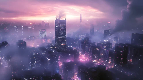 Neon fog urban skyline under magenta twilight atmospheric haze.