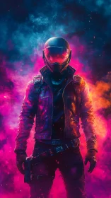 Helmeted sci fi gunfighter stands in neon smoke field.