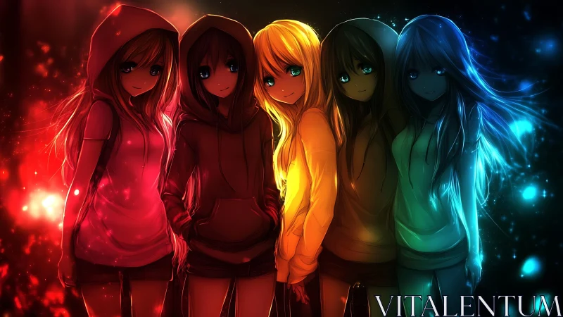 Five hooded anime girls in gradient colored lighting lineup.