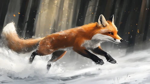 Swift red fox sprints through snowy forest clearing