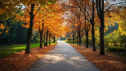 Golden autumn park path invites a peaceful, unhurried walk