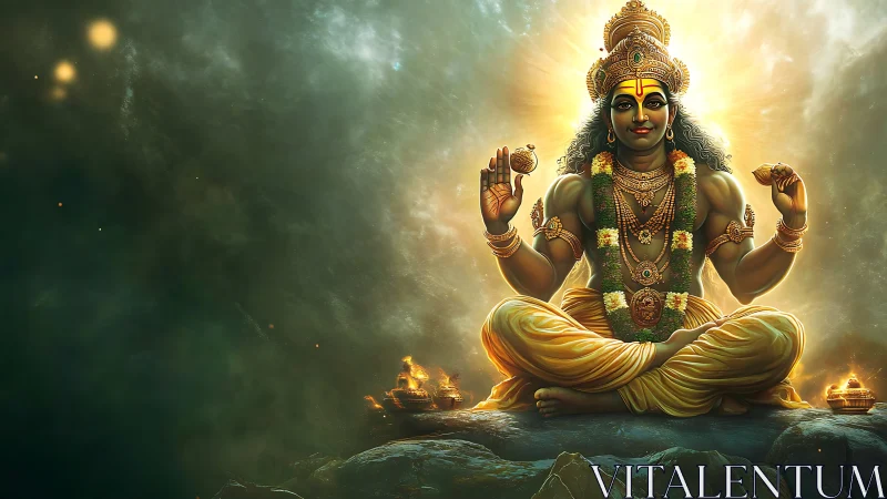 Seated multi-armed deity figure in radiant golden environment.