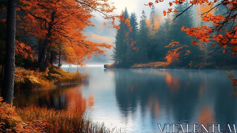 Calm forest lake with vivid orange autumn foliage reflections.