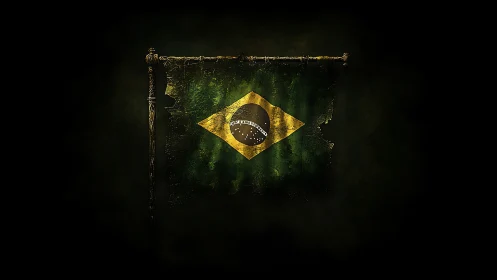 Weathered Brazilian banner broods in cinematic green shadows
