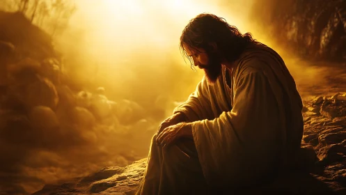 Solitary robed figure in golden backlight, contemplative pose