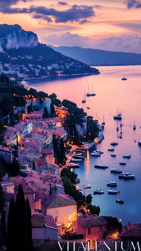 Coastal hillside town and harbor under vivid sunset sky.