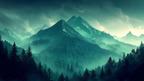 Layered coniferous mountains under teal atmospheric haze.