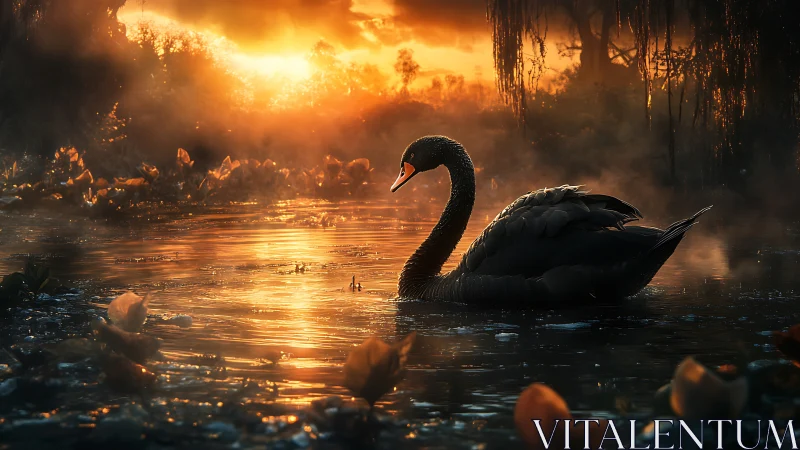 Black swan glides through molten sunset wetland waters.
