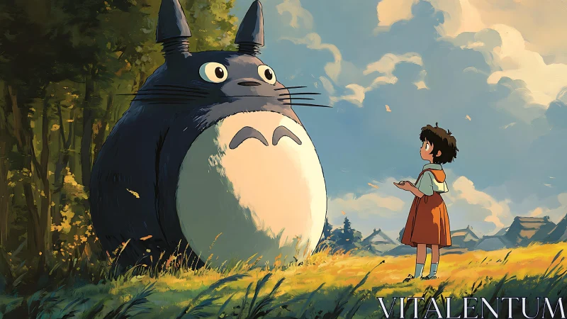 Anime forest encounter uniting child and giant creature in meadow