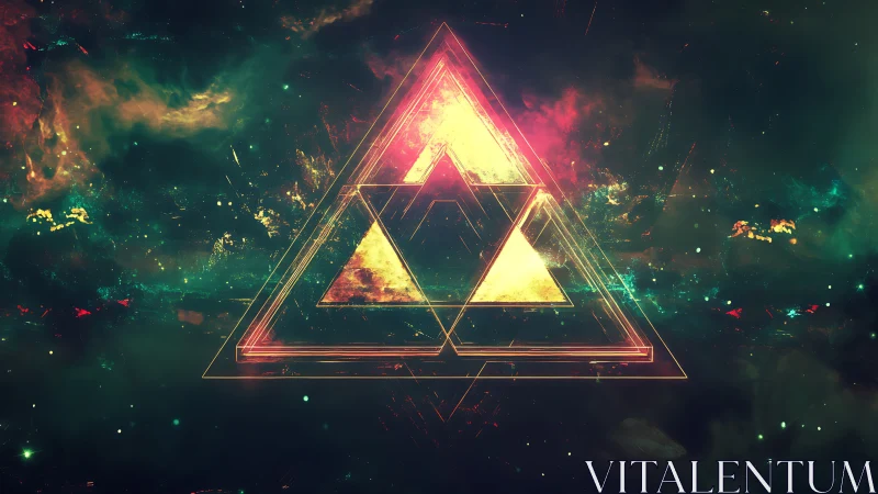 Neon triforce portal blazes within a cosmic storm of light.