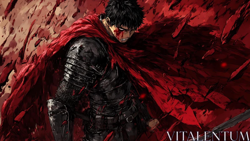 Blood-soaked armored swordsman under torn crimson cloak.