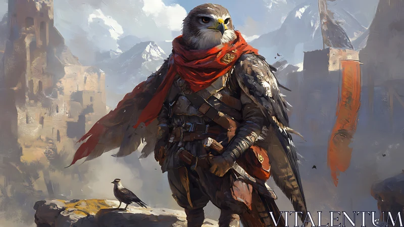Armored falcon warrior stands over ruined citadel in painterly light