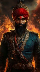 Warrior in jeweled armor stands before blazing inferno