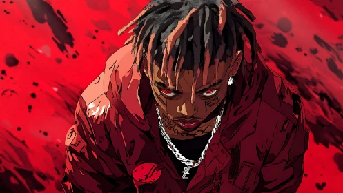 Intense red-tinted portrait with dynamic ink-splatter backdrop.