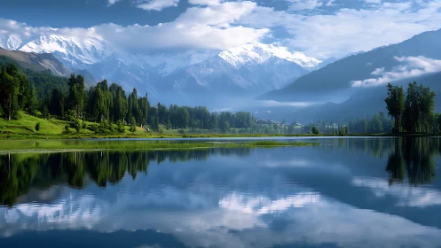 Snowcapped mountains mirror over tranquil alpine lake at dawn.