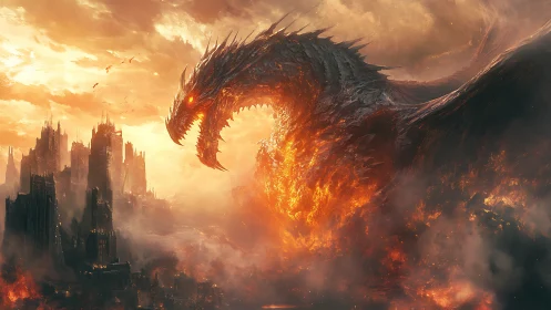 Infernal dragon engulfing a burning post‑apocalyptic cityscape.