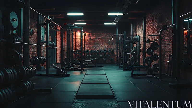 Weightlifting equipment occupies a dim industrial style gym