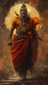 Digital painting of warrior ascetic with radiant circular halo.