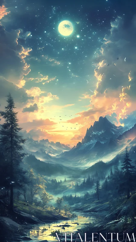 Luminous moonlit valley with alpine river and glowing sky.