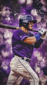Dynamic digital painting of baseball batter with violet haze background.