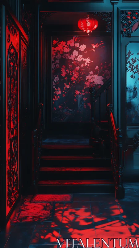 Scarlet lantern light bathes ornate stairwell in shadowed glow.