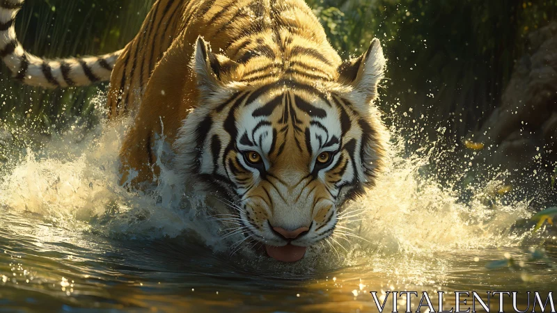 Predatory tiger charges through sunlit river in sharp focus