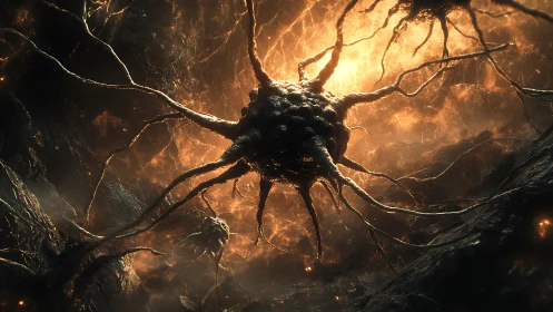 Neural spore core glowing in molten bio-organic cavern.