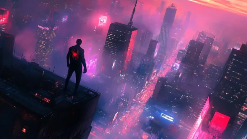 Silhouette in spider suit overlooks dense neon cityscape at dusk