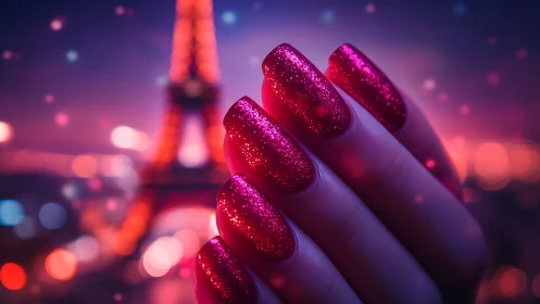 Glittering magenta nails glowing under dreamy city lights.