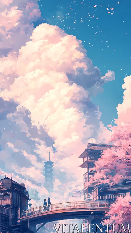 Towering clouds rise above pastel city bridge at dusk.