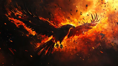 Majestic Fiery Phoenix Soaring in a Vivid Digital Fantasy Art.