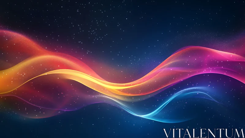 Vibrant nebula light waves flow across deep starfield night.