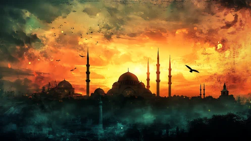 Sunset mosque skyline renders atmospheric silhouette drama