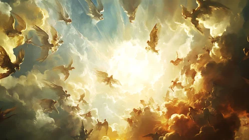 Radiant sky filled with winged figures in glowing clouds.