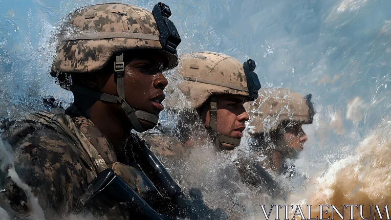 Soldiers in combat gear move forward through breaking surf