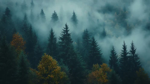 Mist-Veiled Taiga Whispers Through Autumn's Amber Glow