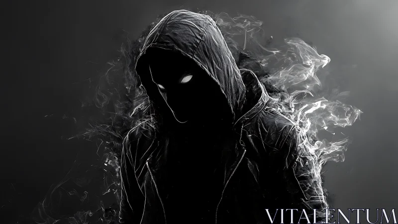 Hooded faceless figure with glowing eyes in dark smoke