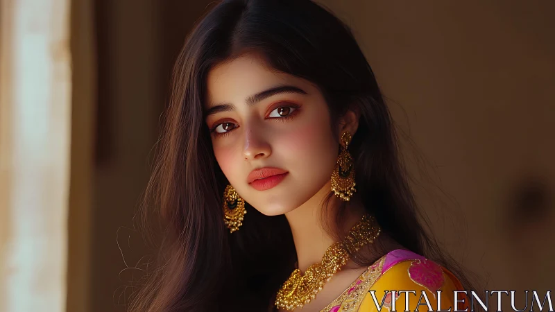 Golden gaze in silk: luminous portrait of jeweled grace.