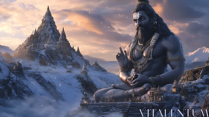 Colossal Himalayan Shiva statue amid snowbound mountain temples