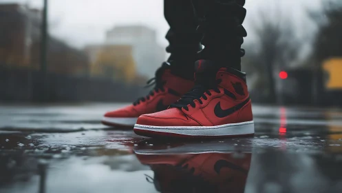 Crimson street sneakers mirrored on rain soaked pavement.