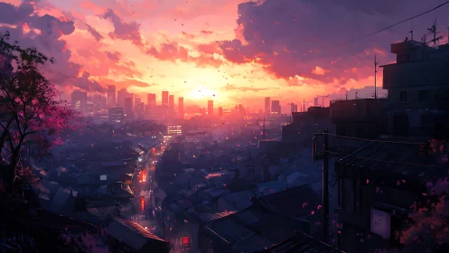Sunset-drenched city skyline glows above quiet urban streets