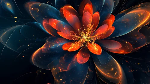 Fractal nebula flower blooms in molten orange and gold light.