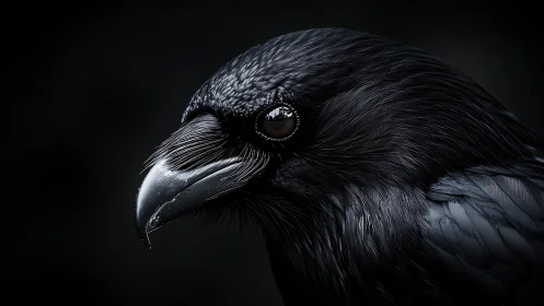 Glimmering raven portrait in soft midnight stillness.