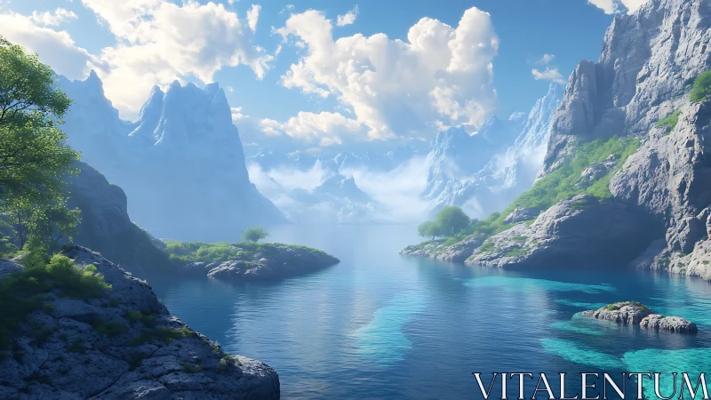 Glacial fjord oasis beneath luminous drifting clouds.