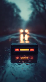 Retro roadside device on rain-slick highway at dusk.